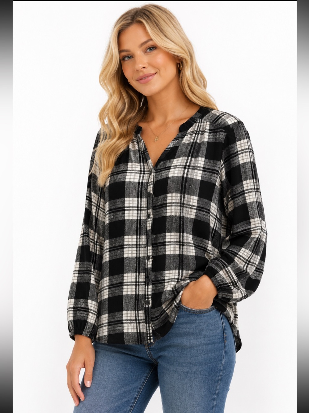 Mason & Belle Plaid Button Front Peasant Top Black and White - Size L